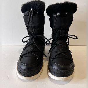 PAJAR Black Leather/Nylon Fur Lined Round Toe Lace Up Winter Boots, Women’s 10